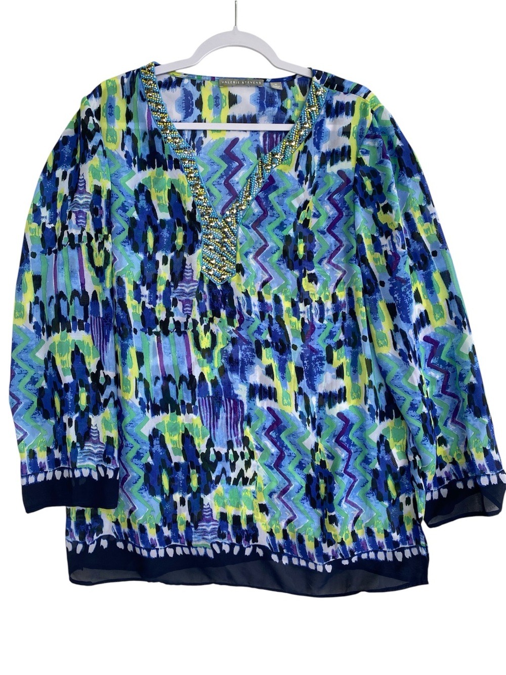 Valerie Stevens Blue, Green & Yellow Abstract Beaded V-Neck Tunic